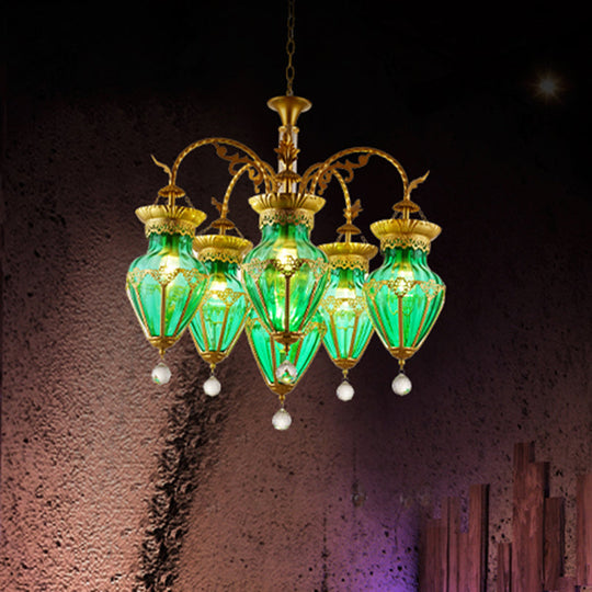 Restaurant Brass Chandelier With Curved Arms 6 Multicolored Glass Suspension Pendants Green