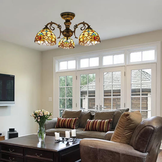 Baroque Semi Flush Ceiling Light in Aged Brass with Stained Glass Dome Shade