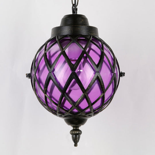 Restaurant Pendant Lighting: Moroccan Black Ceiling Light With Globe Amber/Green/Purple Glass Shade