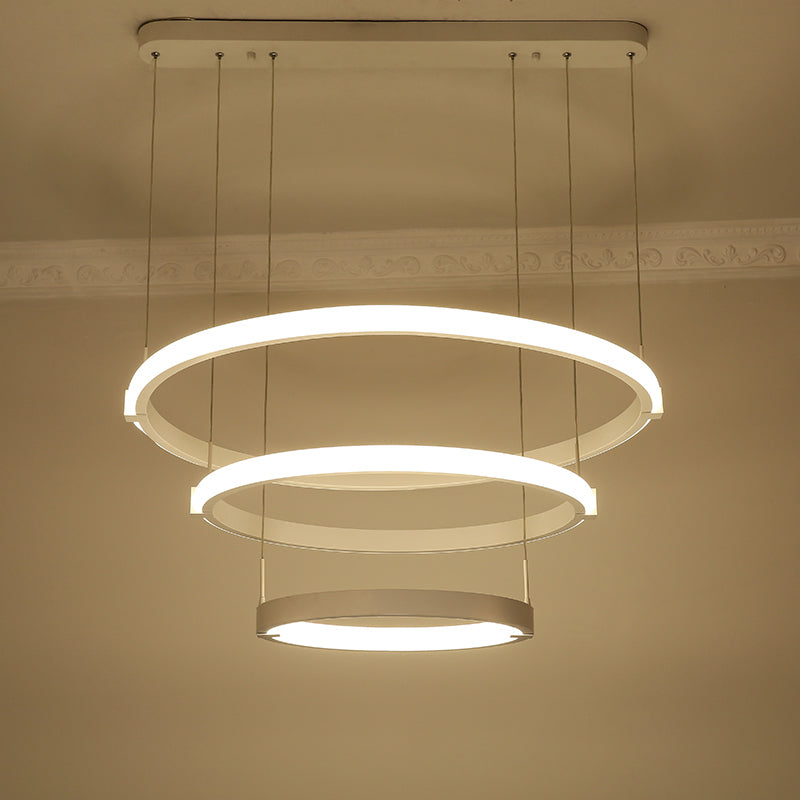 White Double Ring Chandelier with LED Hanging Ceiling Light - Simple Style, Warm/White Light