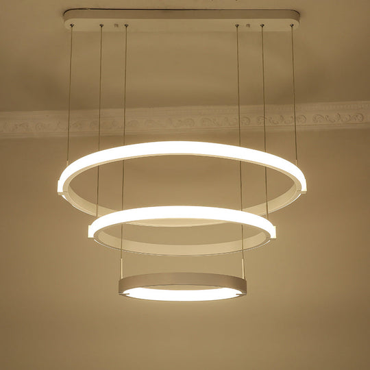 White Double Ring Chandelier with LED Hanging Ceiling Light - Simple Style, Warm/White Light