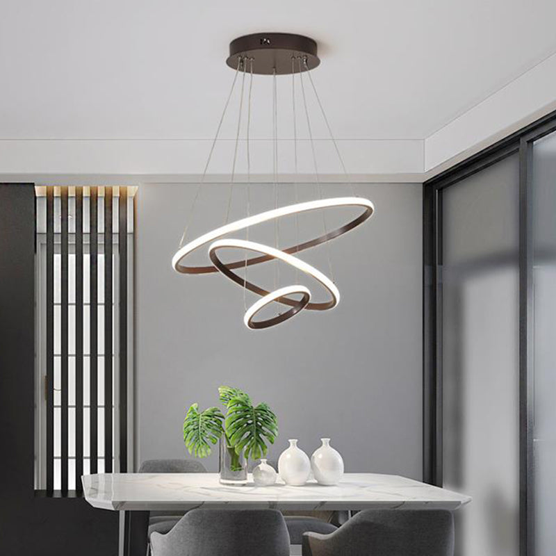 Minimalist Acrylic Ring Pendant Light Coffee Chandelier Lamp, Warm/White Light, 8"+16"/16"+23.5"/8"+16"+23.5" Wide