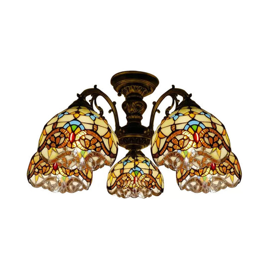 Baroque Semi Flush Ceiling Light in Aged Brass with Stained Glass Dome Shade