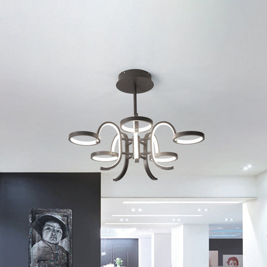 Modern Black Metal Chandelier Lighting - 5/6 Curve Arm Pendant Light in Warm/White Light