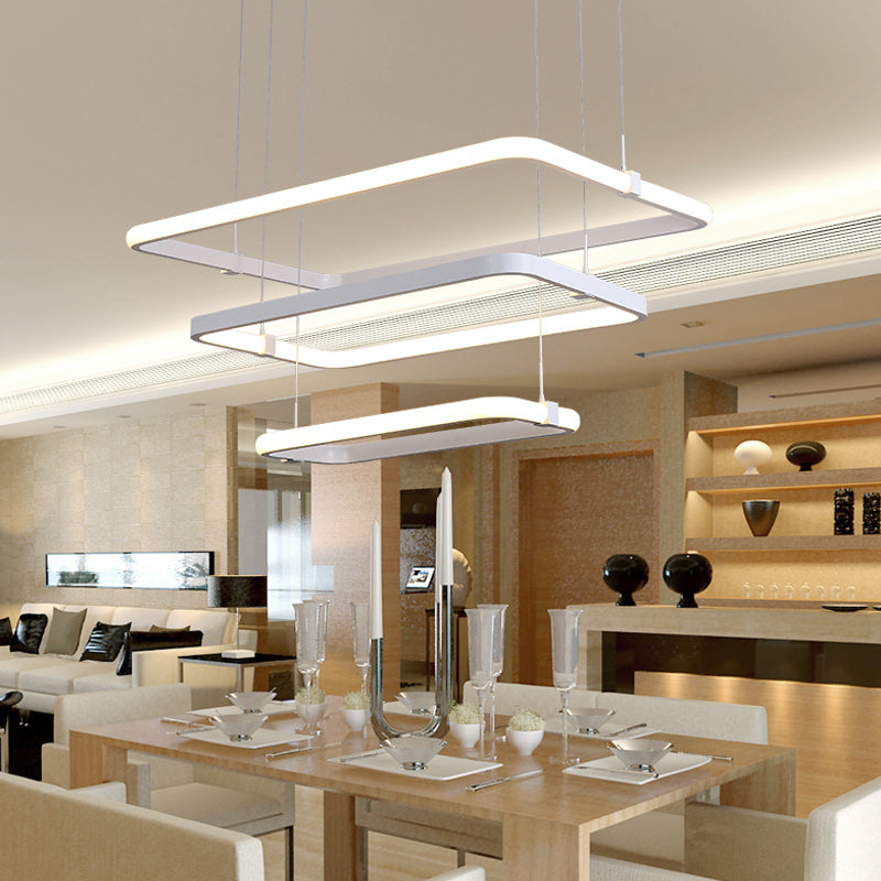 Minimalist White LED Pendant Light Kit - Rectangle Metal Hanging Chandelier with Warm/White Light