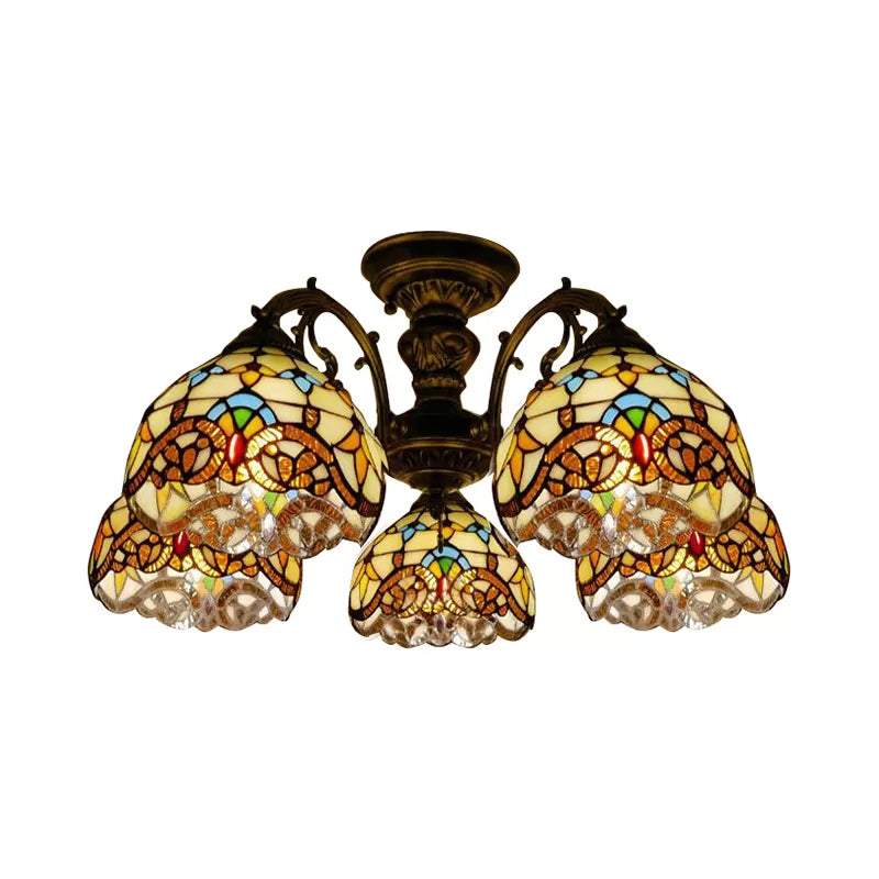 Baroque Semi Flush Ceiling Light In Aged Brass With Stained Glass Dome Shade