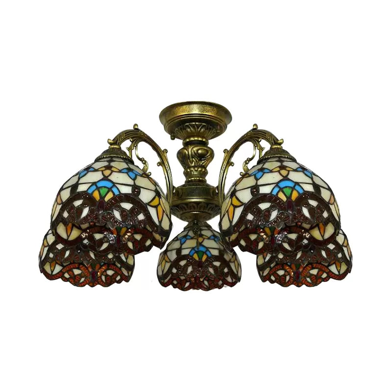 Baroque Semi Flush Ceiling Light in Aged Brass with Stained Glass Dome Shade