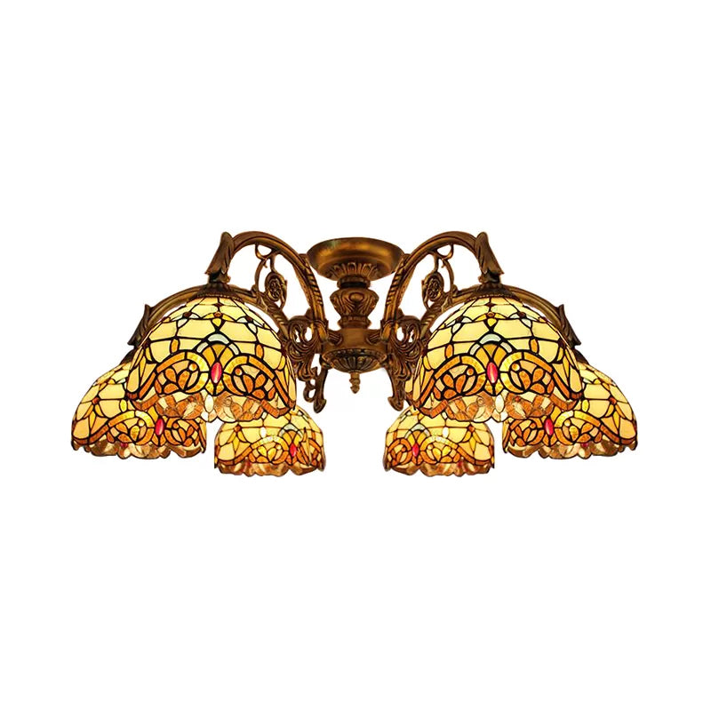 Baroque Semi Flush Ceiling Light in Aged Brass with Stained Glass Dome Shade