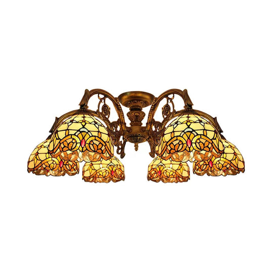 Baroque Semi Flush Ceiling Light in Aged Brass with Stained Glass Dome Shade