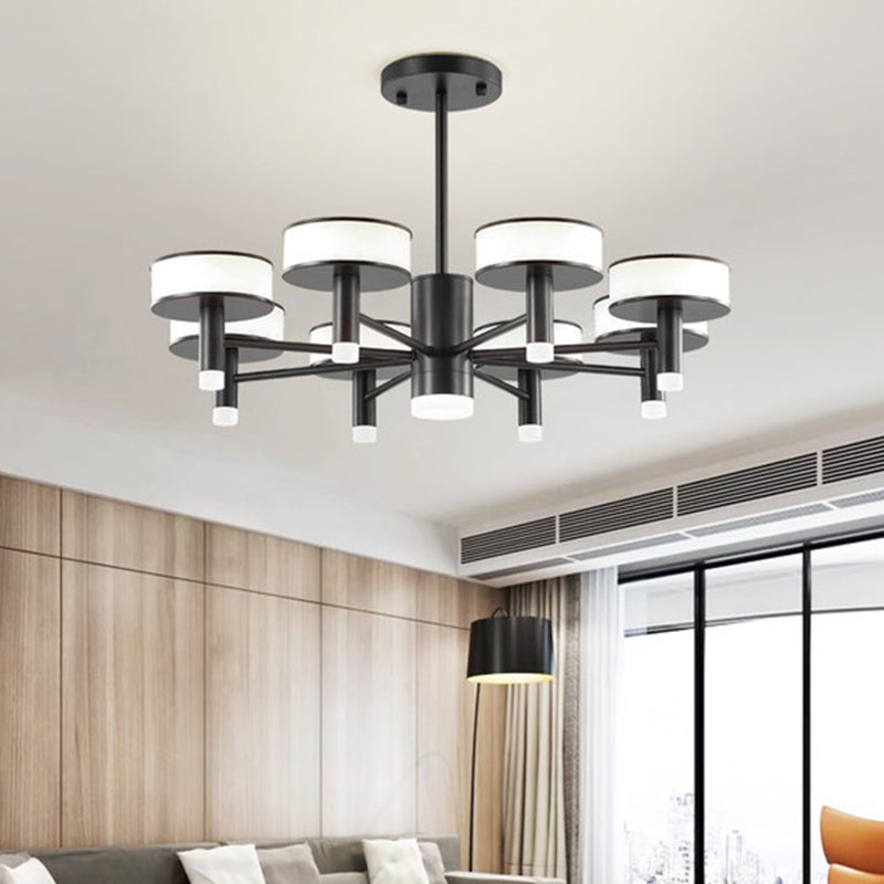 Modernist Black LED Chandelier with Drum Acrylic Shade - 6/8 Lights, 3 Color Light Options for Living Room