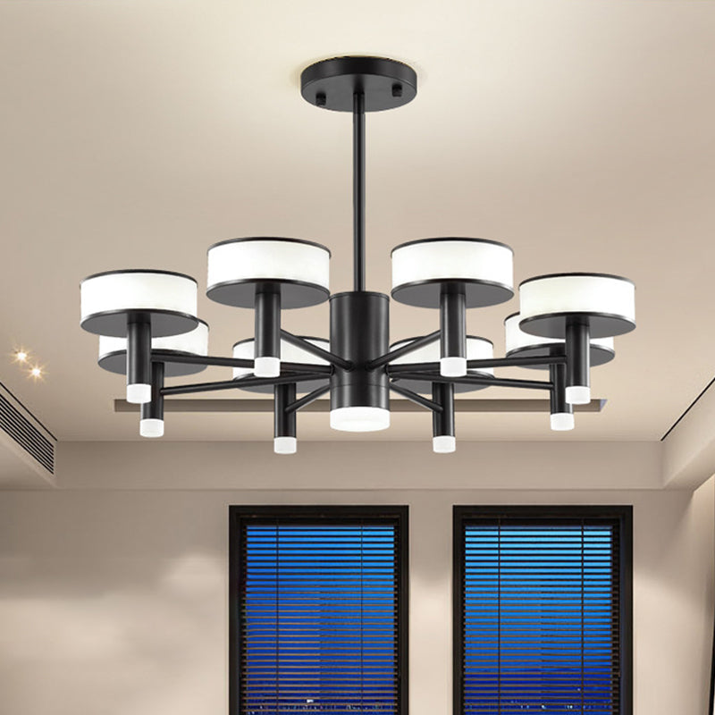 Modernist Black LED Chandelier with Drum Acrylic Shade - 6/8 Lights, 3 Color Light Options for Living Room