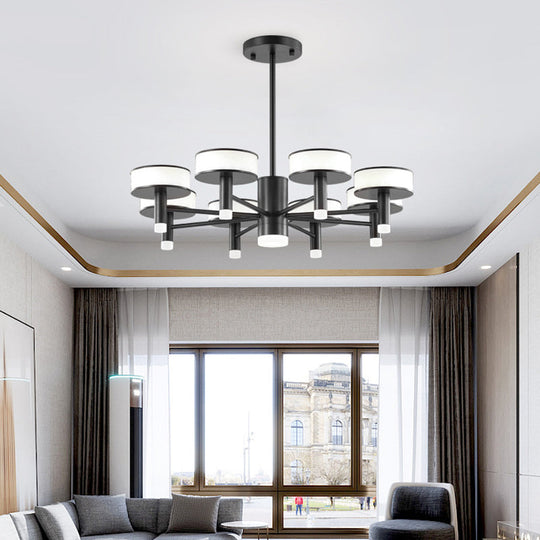 Modernist Black LED Chandelier with Drum Acrylic Shade - 6/8 Lights, 3 Color Light Options for Living Room