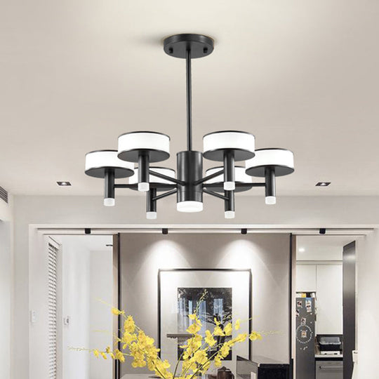 Modernist Black LED Chandelier with Drum Acrylic Shade - 6/8 Lights, 3 Color Light Options for Living Room