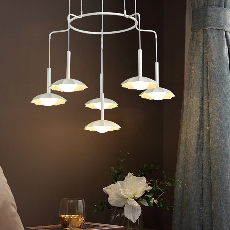 Modern 6-Head Chandelier With Floral Acrylic Shade - White Hanging Ceiling Light For Living Room