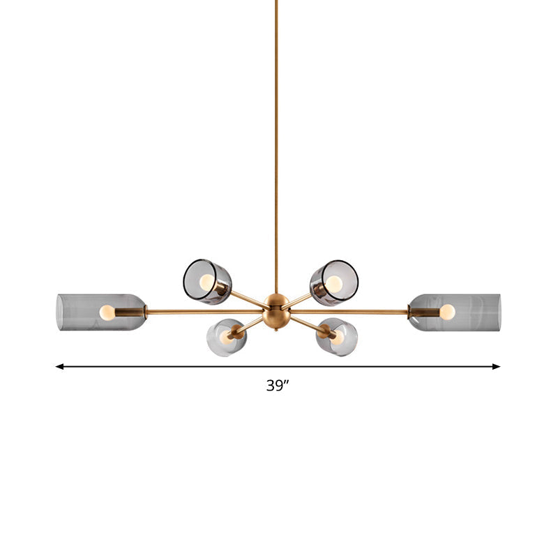 Modern Smoke Grey Tulip Glass Chandelier - 6-Light Dining Room Hanging Lamp With Gold Burst Arm