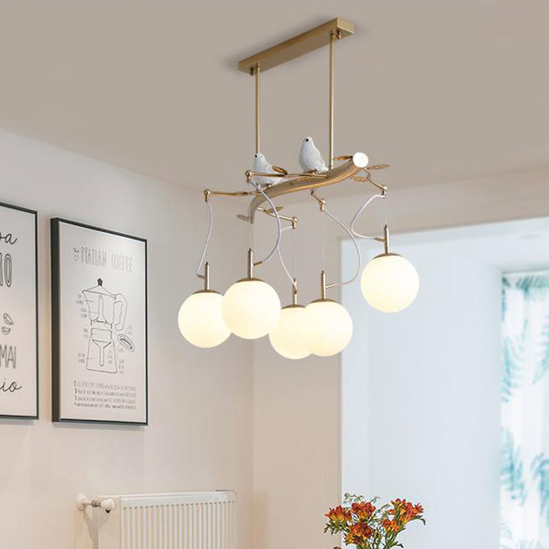 Stunning Milky Glass Sphere Chandelier Pendant - Postmodern 5-Head Gold Hanging Light Kit With Bird