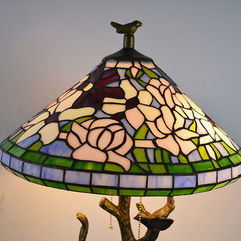 Stained Glass Empire Table Light - Tiffany Style Bedside Lamp With Orange Rose/Lotus Design Brass