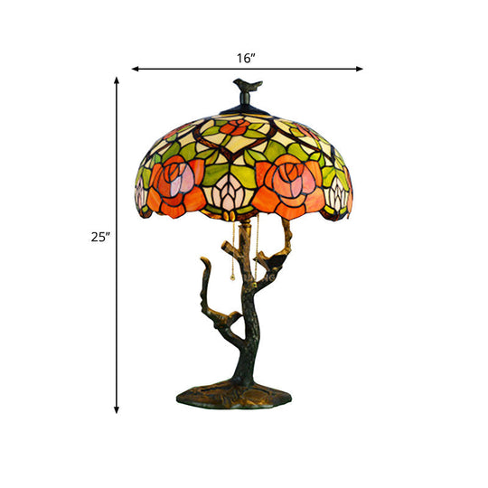 Stained Glass Empire Table Light - Tiffany Style Bedside Lamp With Orange Rose/Lotus Design Brass