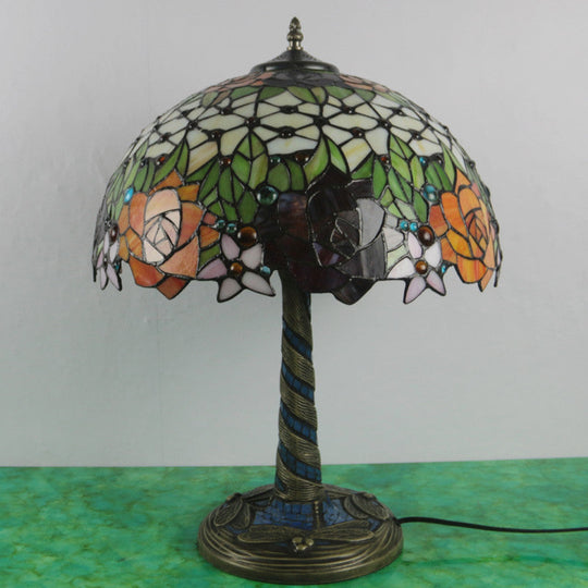 Tiffany Style Brass Stained Glass Nightstand Lamp With Flower Design - Ideal For Bedroom