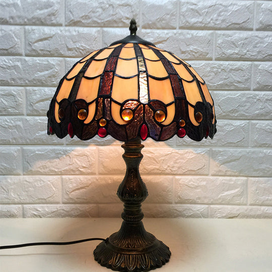 Vintage Tiffany-Style Stained Glass Table Light With Antique Brass Dome For Bedroom Nightstand