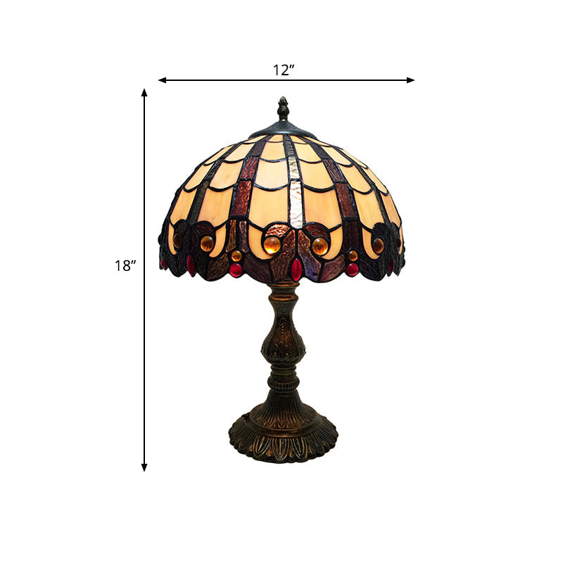 Vintage Tiffany-Style Stained Glass Table Light With Antique Brass Dome For Bedroom Nightstand