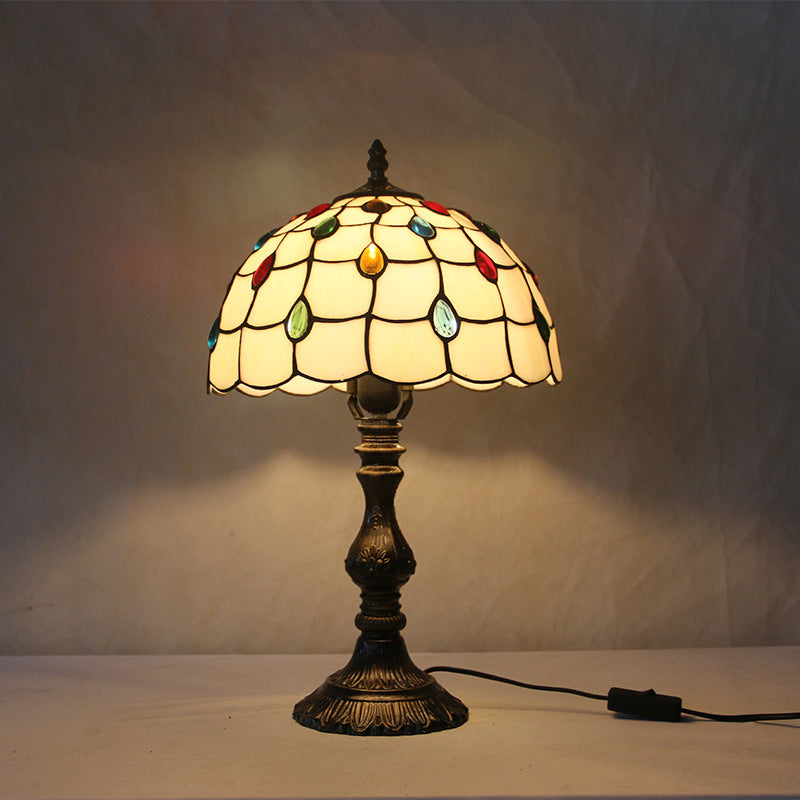 Tiffany Style Beige Glass Jewelry Night Table Lamp With Black Nightstand Base