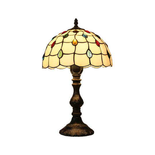 Tiffany Style Beige Glass Jewelry Night Table Lamp With Black Nightstand Base