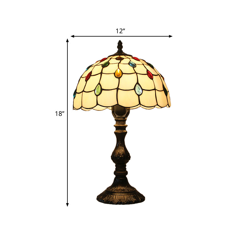 Tiffany Style Beige Glass Jewelry Night Table Lamp With Black Nightstand Base