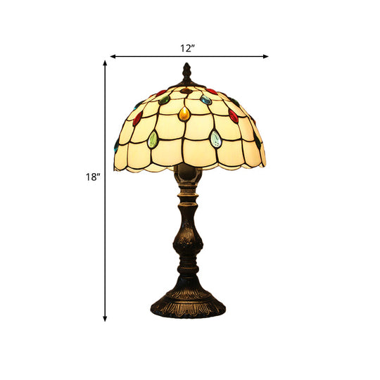 Tiffany Style Beige Glass Jewelry Night Table Lamp With Black Nightstand Base