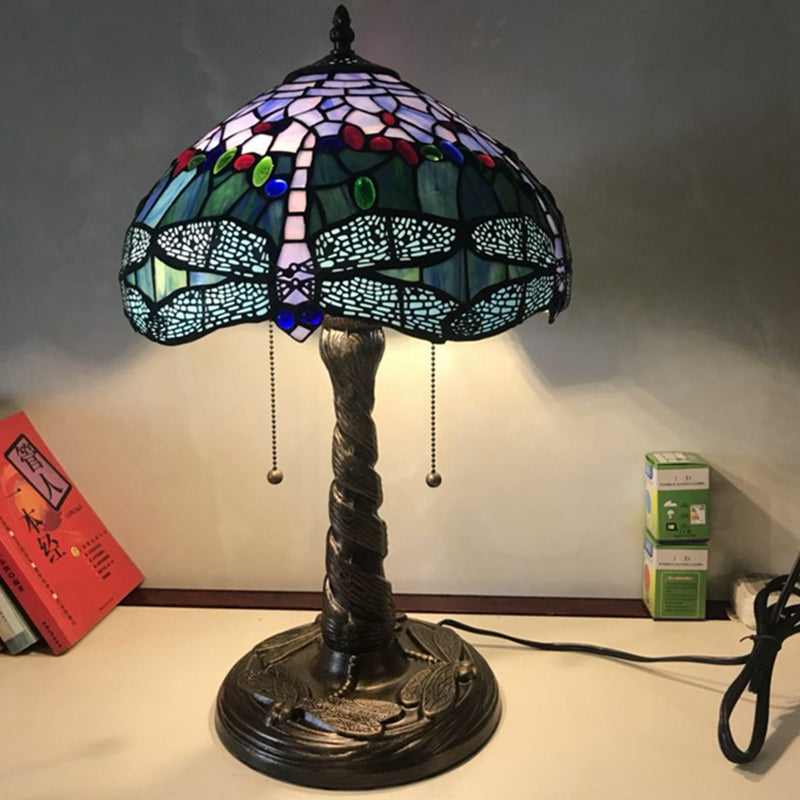 Mediterranean Dragonfly Nightstand Lamp Stained Glass Table Light For Bedroom