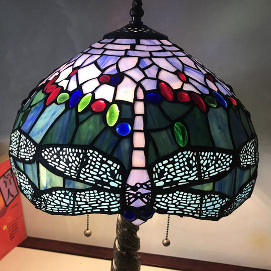 Mediterranean Dragonfly Nightstand Lamp Stained Glass Table Light For Bedroom