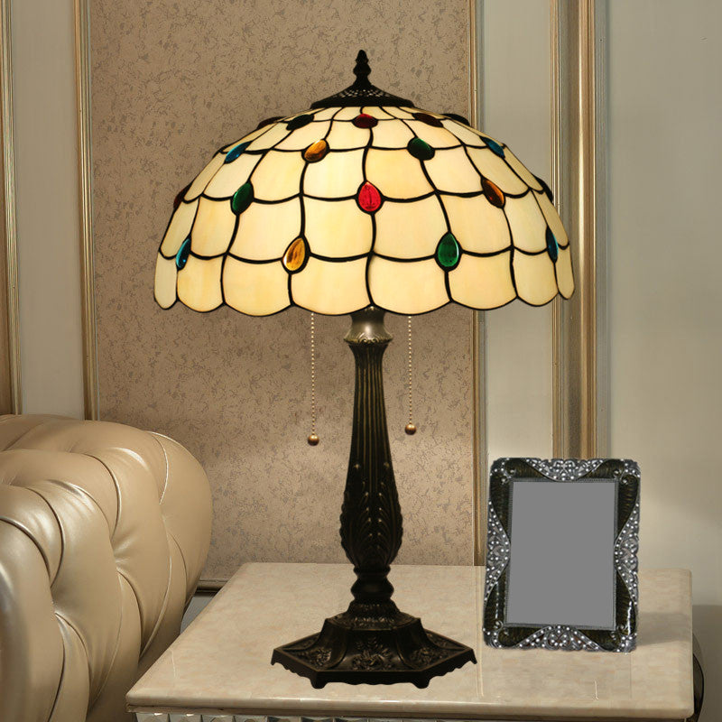 Tiffany Style Beaded Table Light With Stained Glass Shade Antique Brass Nightstand Lamp For Bedside