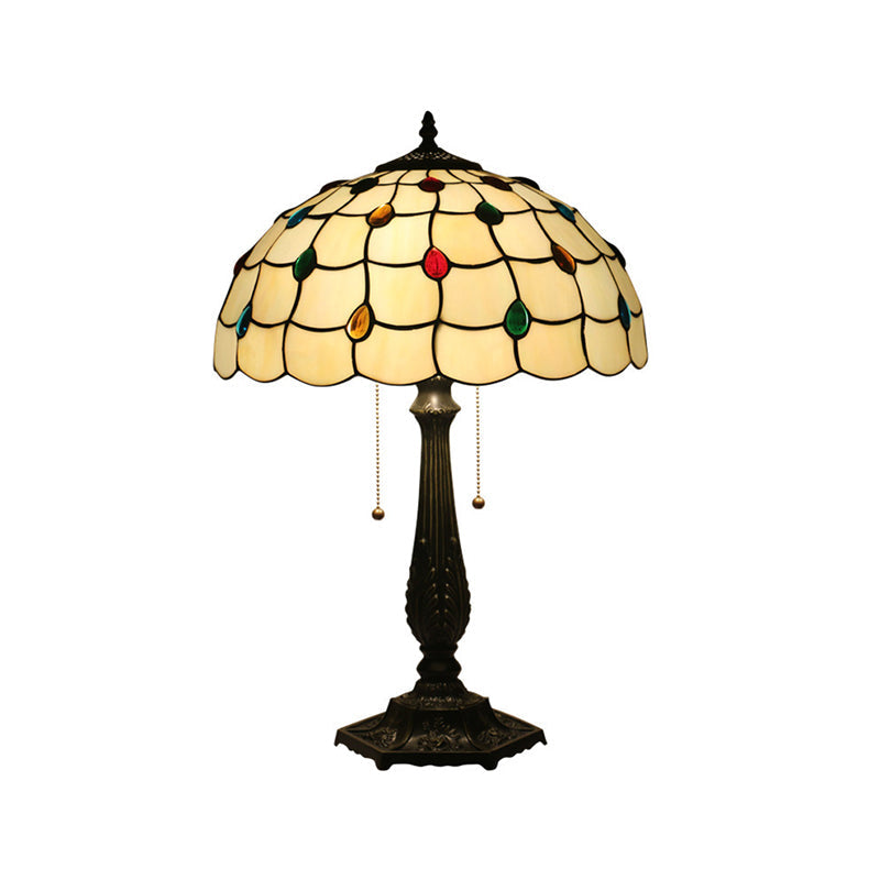 Tiffany Style Beaded Table Light With Stained Glass Shade Antique Brass Nightstand Lamp For Bedside