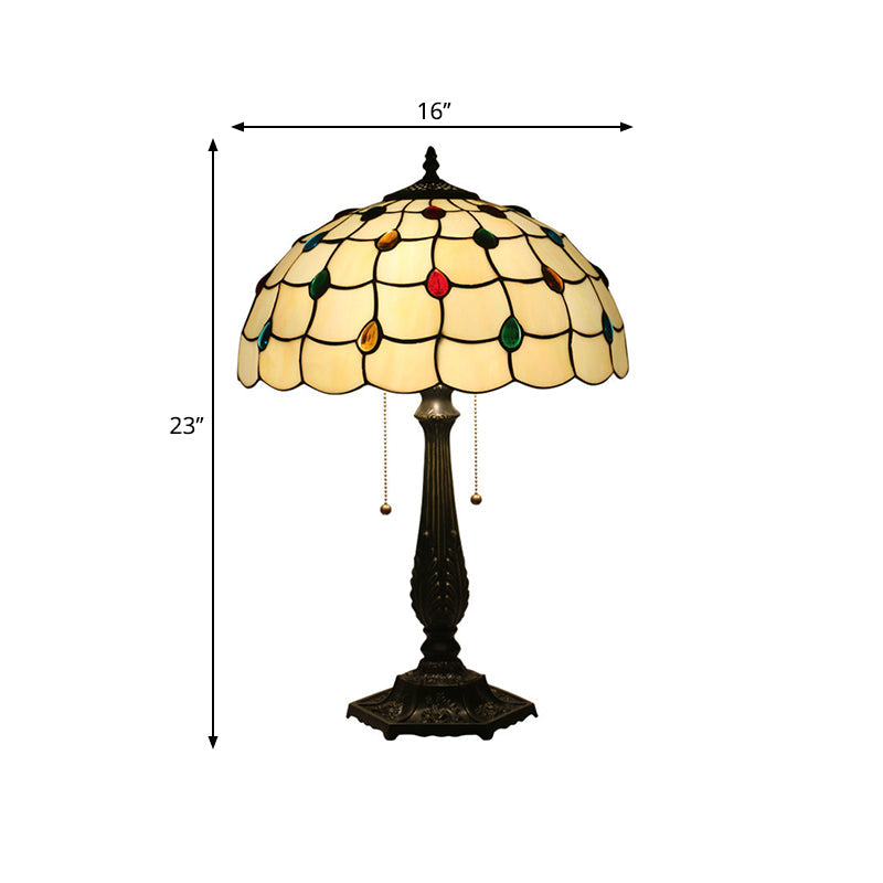 Tiffany Style Beaded Table Light With Stained Glass Shade Antique Brass Nightstand Lamp For Bedside