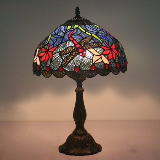 Mediterranean Dragonfly/Star/Tulip Stained Glass Table Lamp In Bronze For Bedside