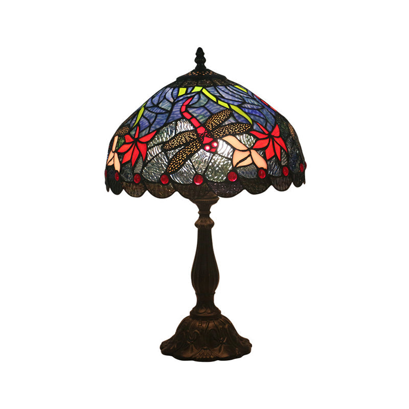 Mediterranean Dragonfly/Star/Tulip Stained Glass Table Lamp In Bronze For Bedside