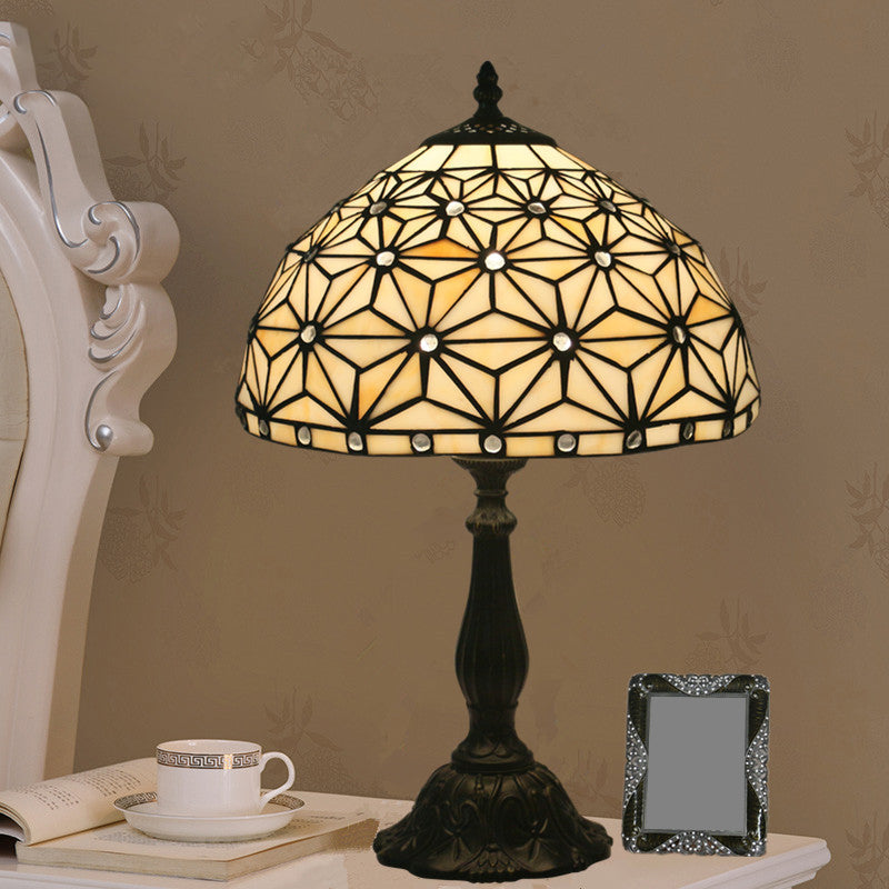 Mediterranean Dragonfly/Star/Tulip Stained Glass Table Lamp In Bronze For Bedside