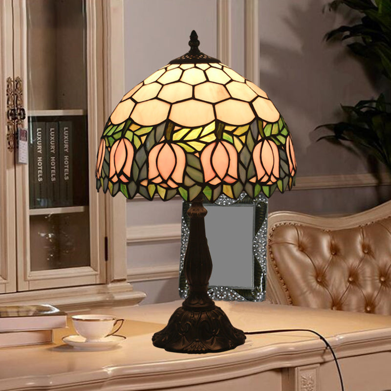 Mediterranean Dragonfly/Star/Tulip Stained Glass Table Lamp In Bronze For Bedside / Tulip