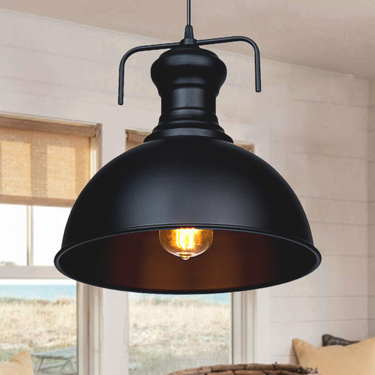 13/16 W Warehouse Dome Hanging Ceiling Light - 1 Metal Pendant In Black For Dining Room / 13