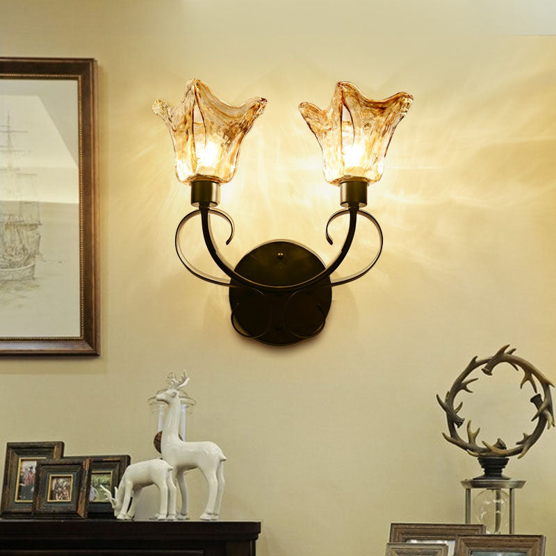 Rustic Handblown Amber Glass Wall Sconce With 2 Bulbs - Black Light For Living Room