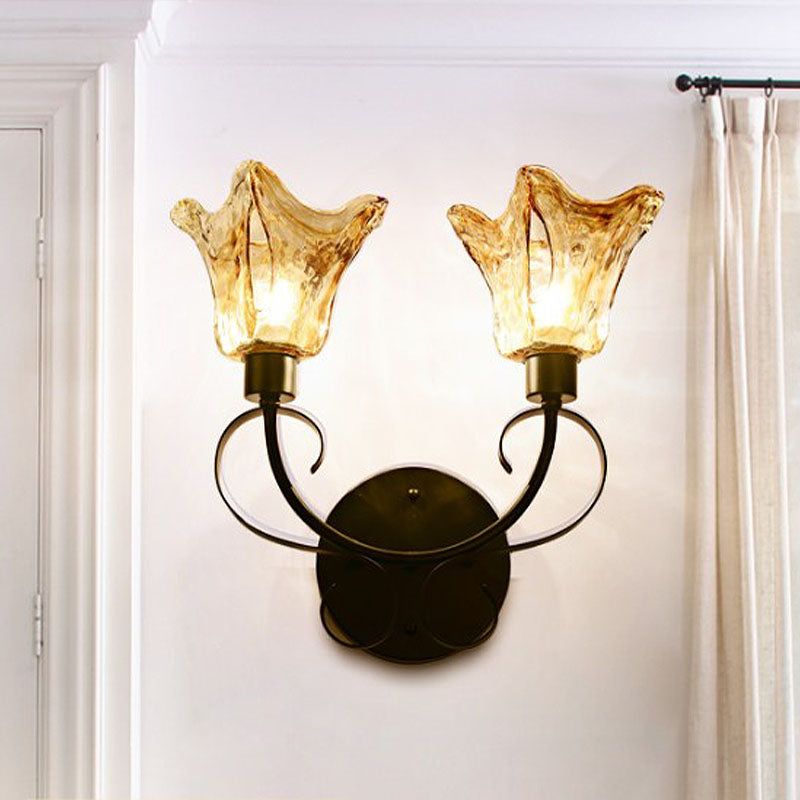 Rustic Handblown Amber Glass Wall Sconce With 2 Bulbs - Black Light For Living Room