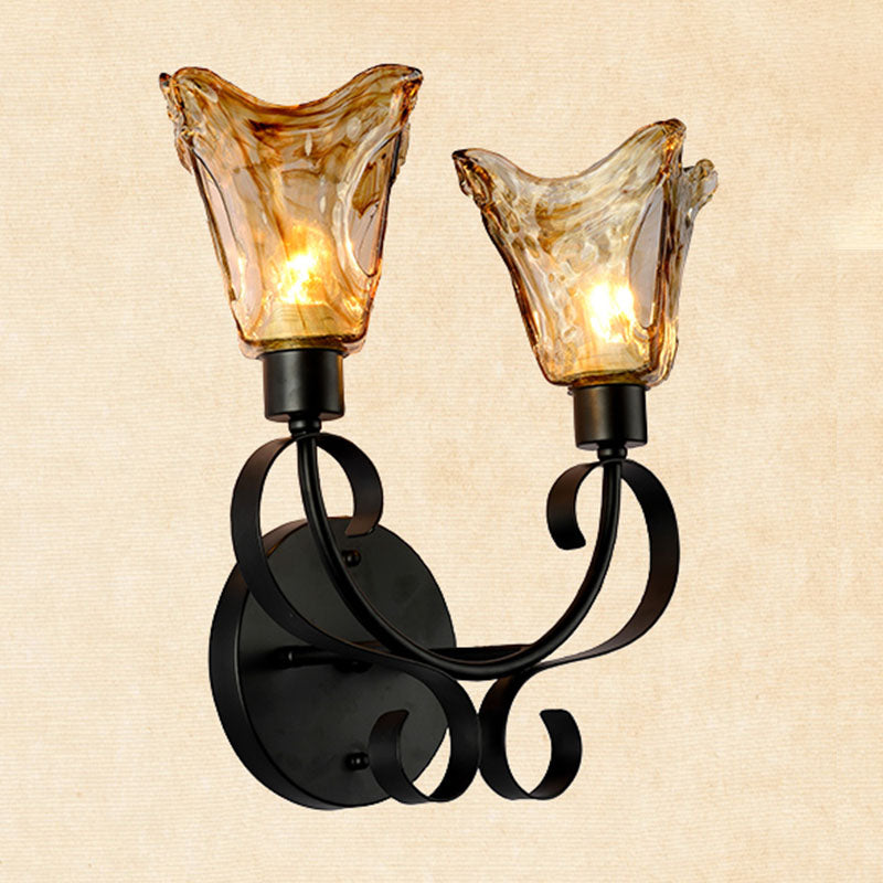 Rustic Handblown Amber Glass Wall Sconce With 2 Bulbs - Black Light For Living Room