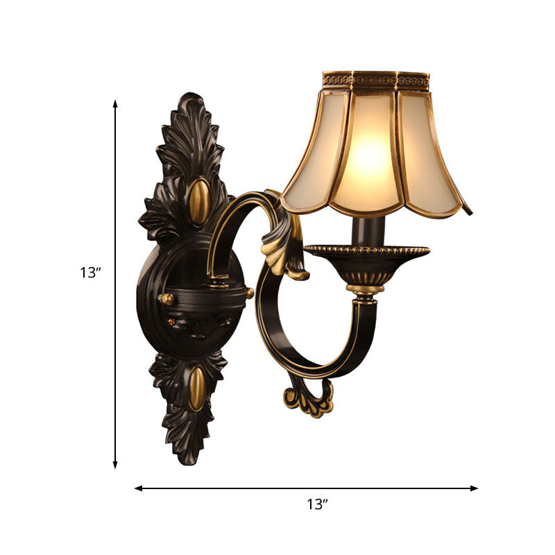 Countryside Ivory Glass Scalloped Bedroom Wall Lamp - 1 Light Black Mount