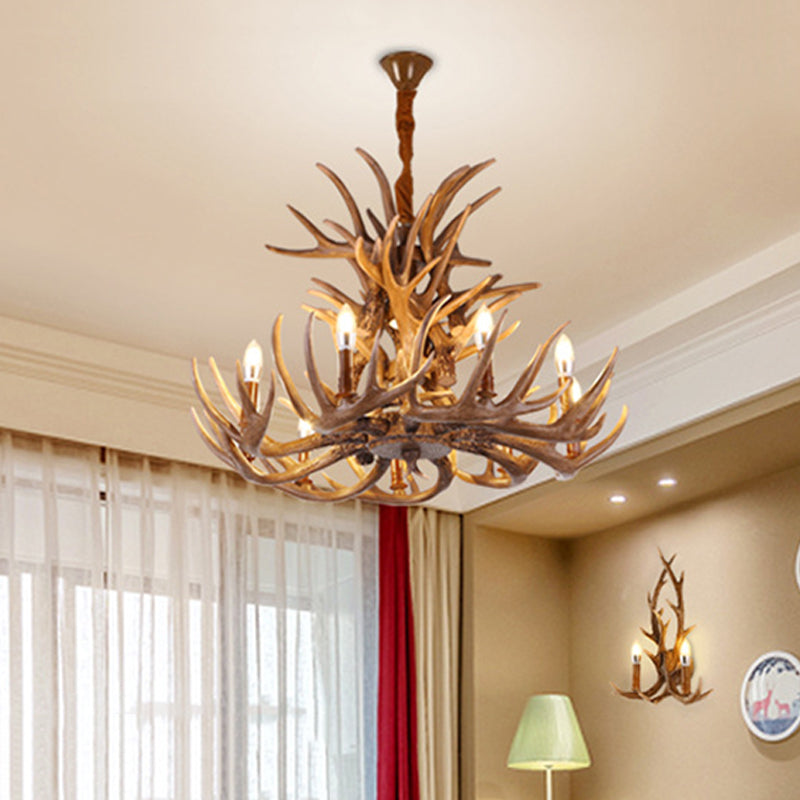 Rustic Deer Antler Chandelier - 21.5/25.5/27.5 Wide 9/12 Heads Resin Ceiling Light Brown Living Room