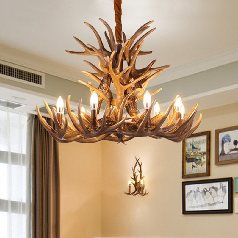 Rustic Deer Antler Chandelier - 21.5/25.5/27.5 Wide 9/12 Heads Resin Ceiling Light Brown Living Room