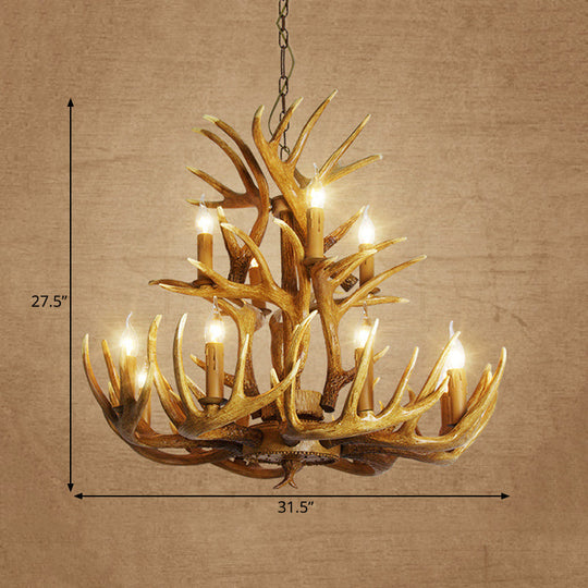 Rustic Deer Antler Chandelier - 21.5/25.5/27.5 Wide 9/12 Heads Resin Ceiling Light Brown Living Room