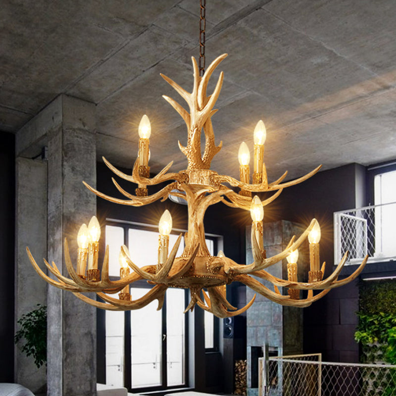 Farmhouse Chandelier: 12-Head 2-Tier Resin Hanging Lamp Brown Living Room Lighting