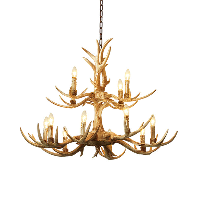 Farmhouse Chandelier: 12-Head 2-Tier Resin Hanging Lamp Brown Living Room Lighting