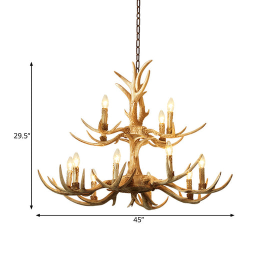 Farmhouse Chandelier: 12-Head 2-Tier Resin Hanging Lamp Brown Living Room Lighting