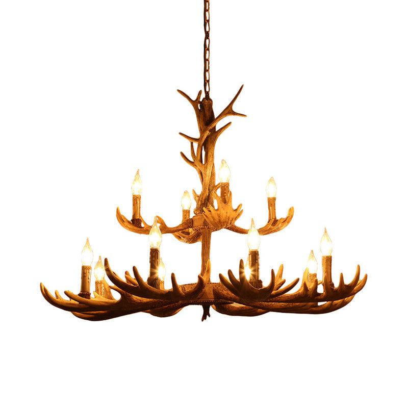 Rustic Deer Antler Resin Pendant Chandelier - 12 Bulbs Brown